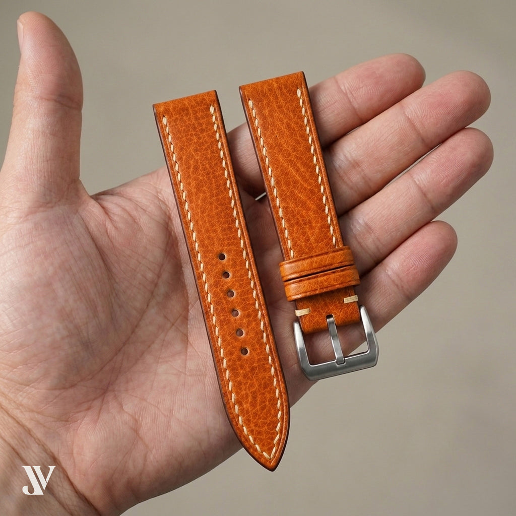 Caramel Vegetable-Tanned Leather Watch Strap — shown on watch