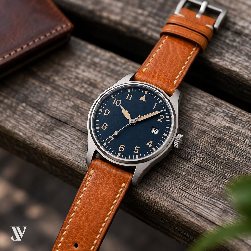 Caramel Vegetable-Tanned Leather Watch Strap — shown on watch
