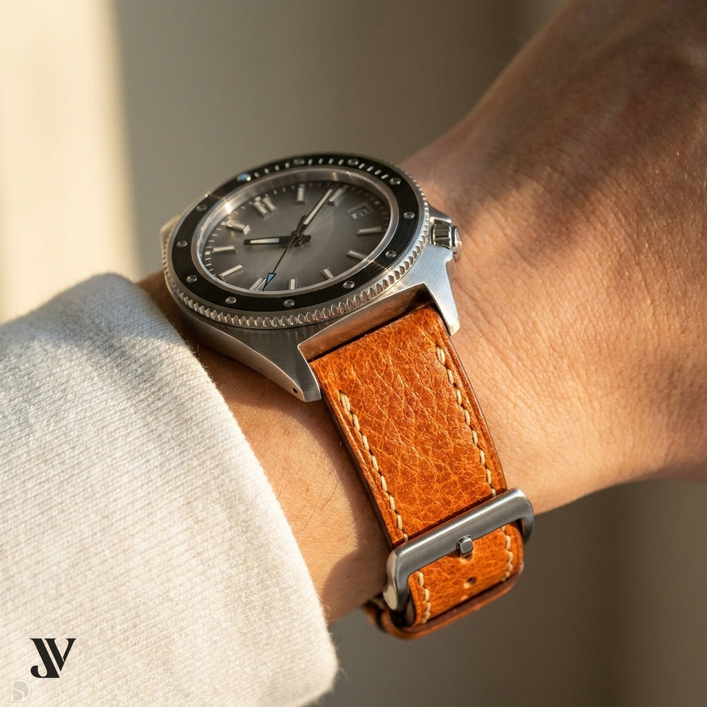 Caramel Vegetable-Tanned Leather Watch Strap — shown on watch