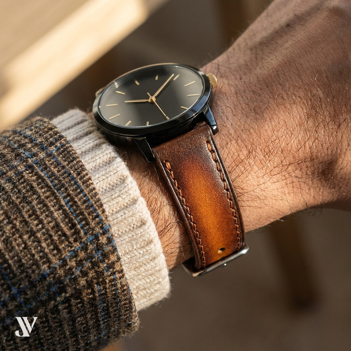 Patina Coffee Brown Vegetable-Tanned Leather Watch Strap — shown on watch