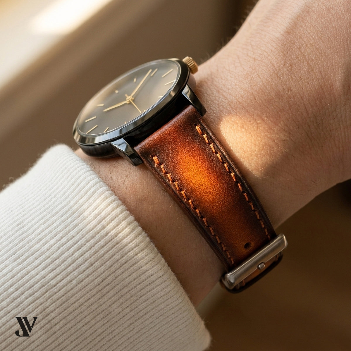 Patina Coffee Brown Vegetable-Tanned Leather Watch Strap — shown on watch