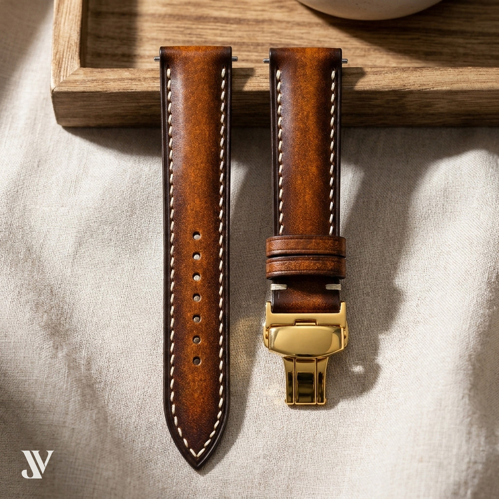 Patina Cognac Brown Vegetable-Tanned Leather Watch Strap — styled scene