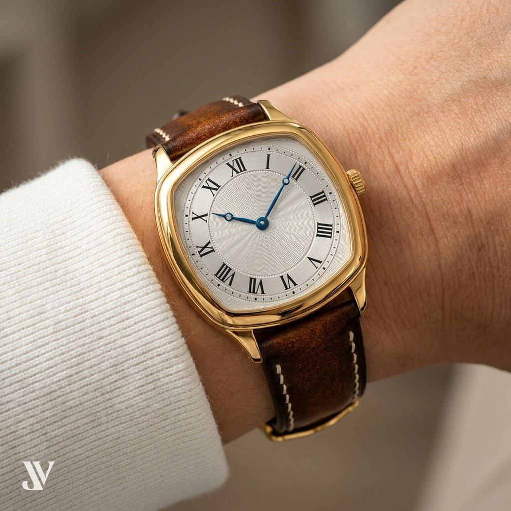 Patina Cognac Brown Vegetable-Tanned Leather Watch Strap — shown on watch