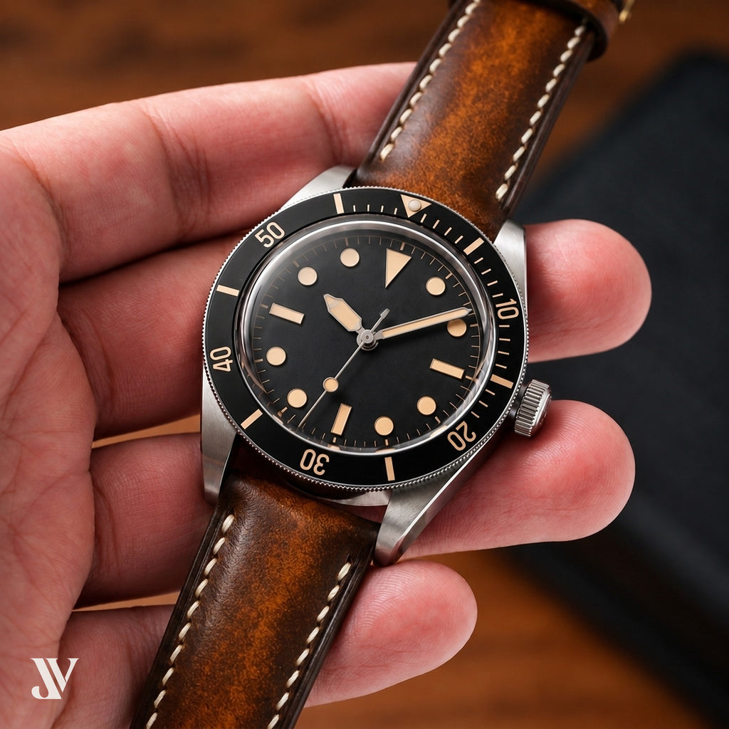 Patina Cognac Brown Vegetable-Tanned Leather Watch Strap — shown on watch