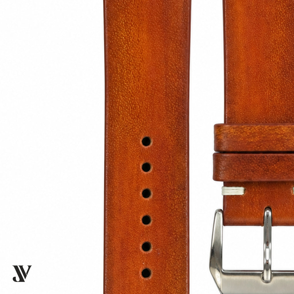 Cognac Patina Cowhide Leather Watch Strap — stitching detail