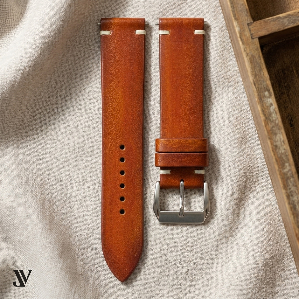 Cognac Patina Cowhide Leather Watch Strap — styled scene