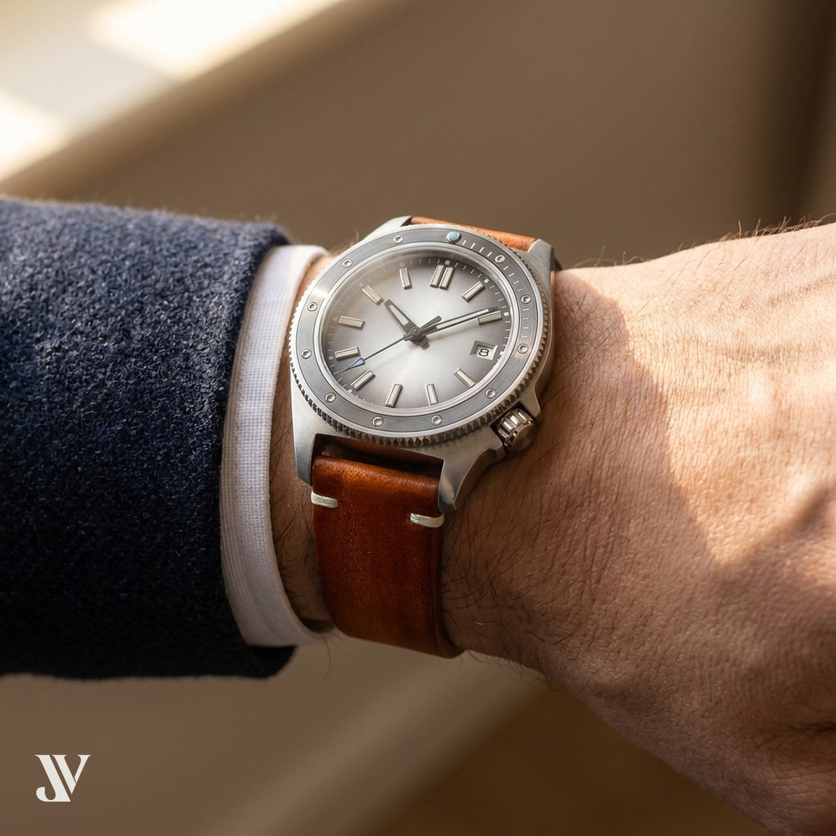 Cognac Patina Cowhide Leather Watch Strap — shown on watch