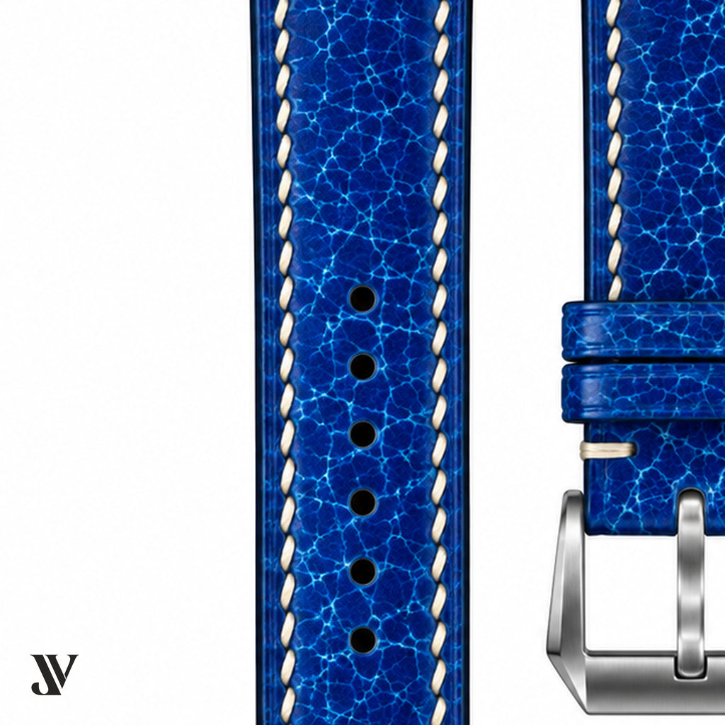 Royal Blue Patina Cowhide Leather Watch Strap — stitching detail