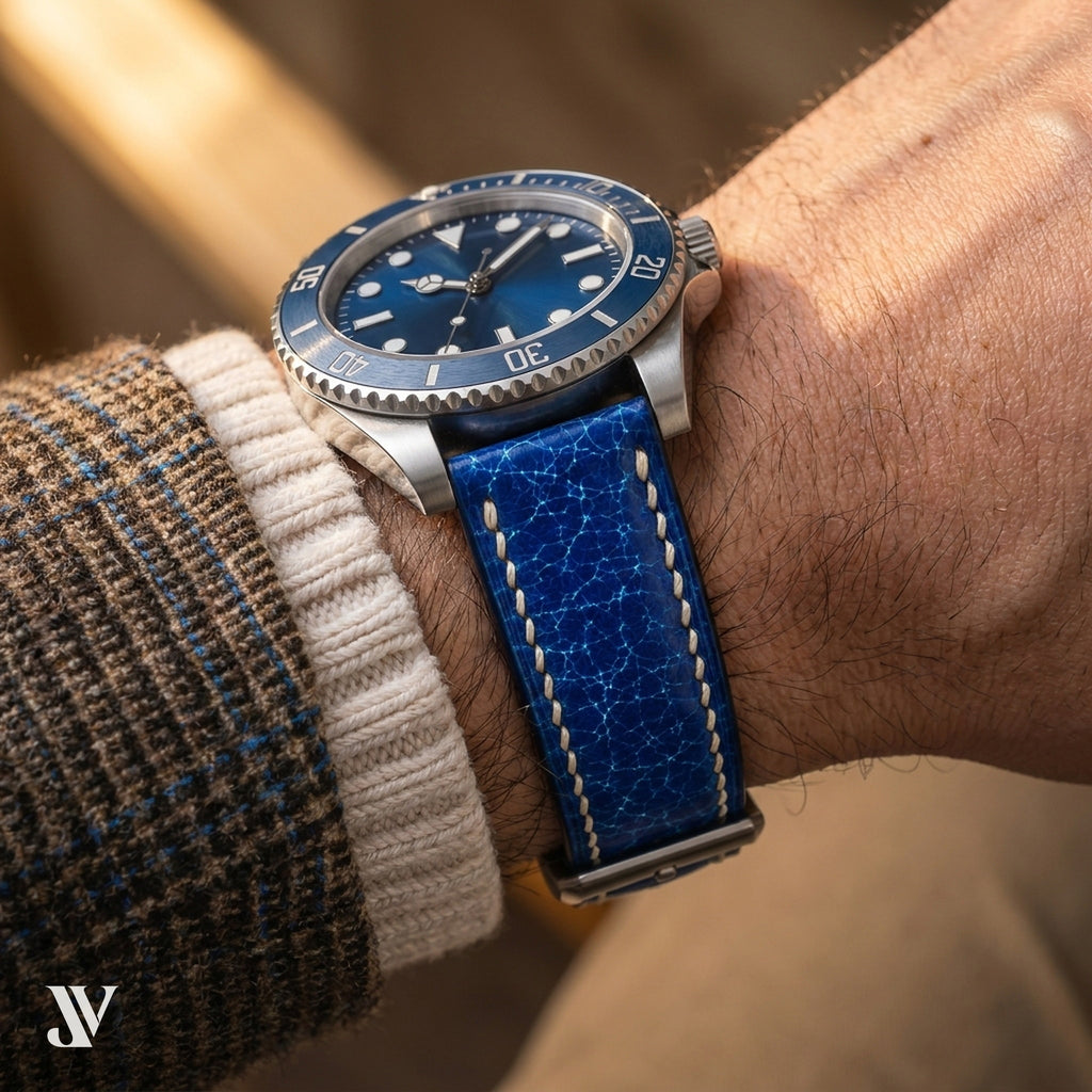 Royal Blue Patina Cowhide Leather Watch Strap — shown on watch