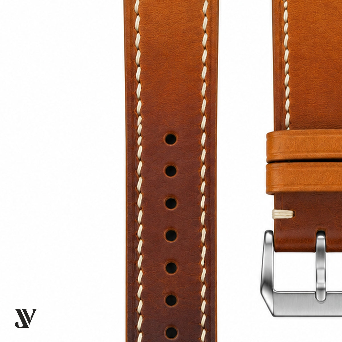 Tan Brown Patina Cowhide Leather Watch Strap — stitching detail
