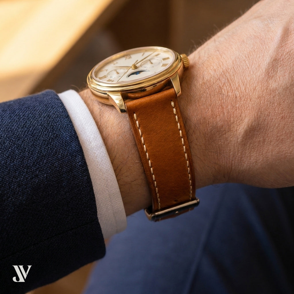 Tan Brown Patina Cowhide Leather Watch Strap — shown on watch