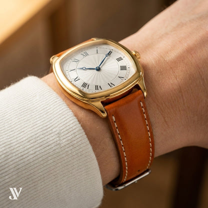 Tan Brown Patina Cowhide Leather Watch Strap — shown on watch
