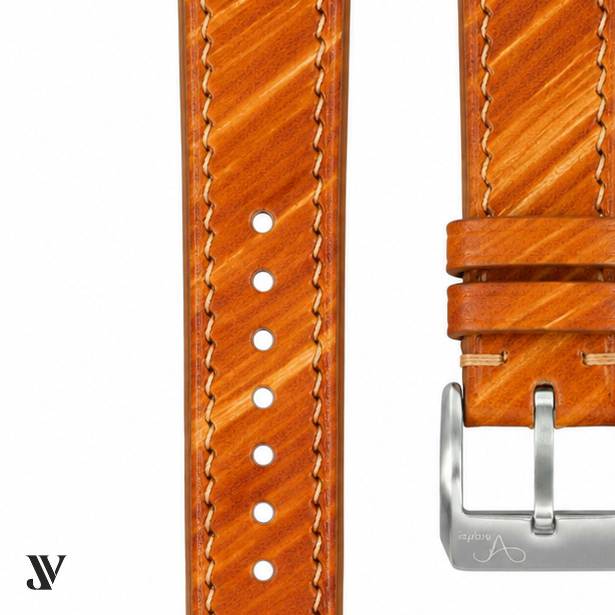 Wood Brown Patina Cowhide Leather Watch Strap Custom Fit — stitching detail