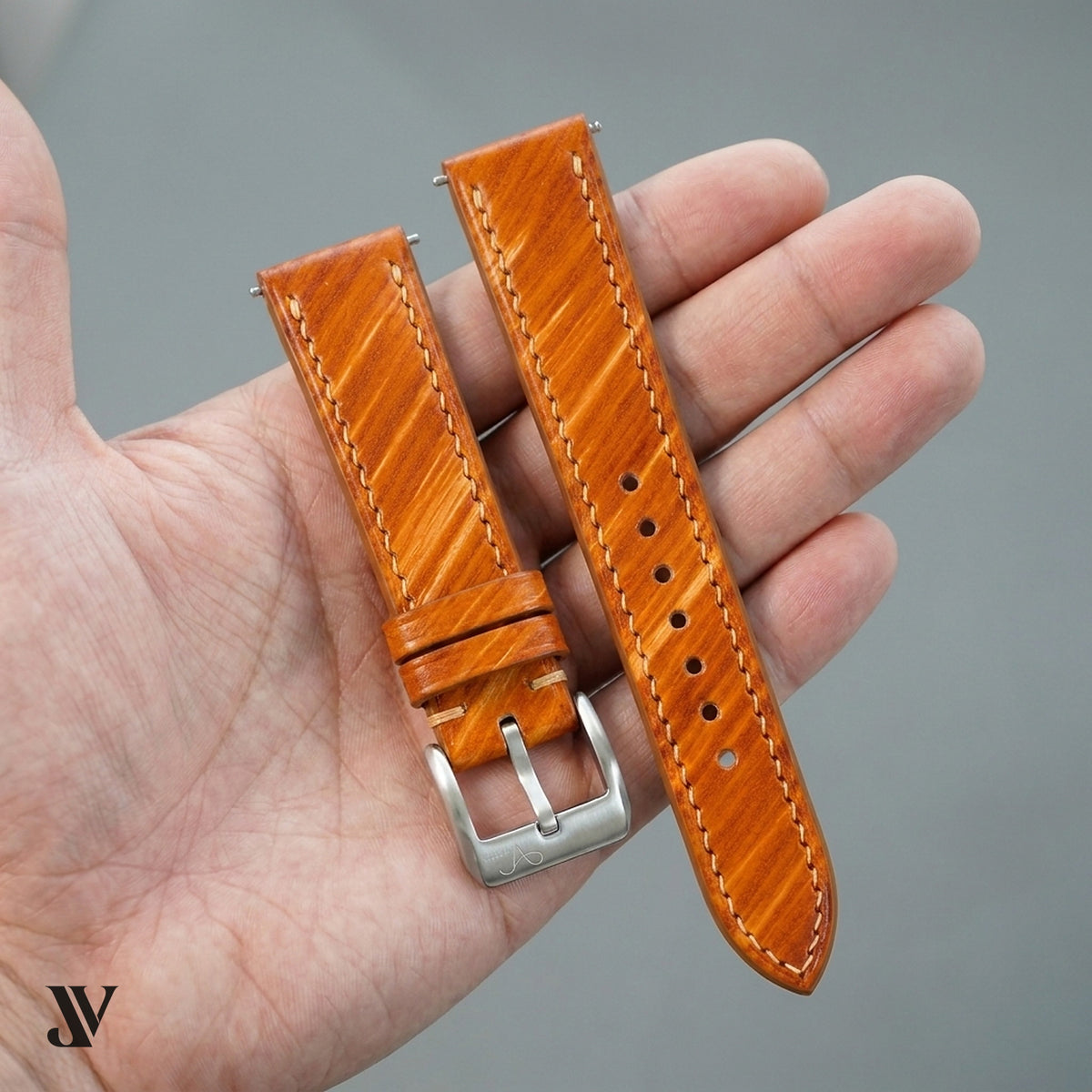 Wood Brown Patina Cowhide Leather Watch Strap Custom Fit — shown on watch