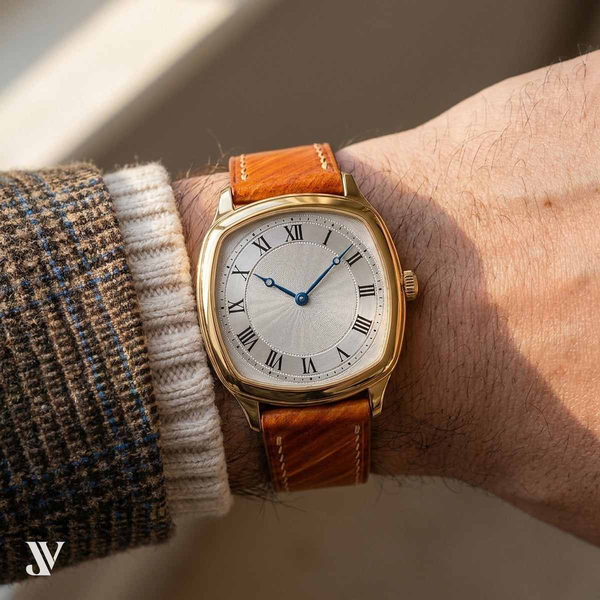 Wood Brown Patina Cowhide Leather Watch Strap Custom Fit — shown on watch