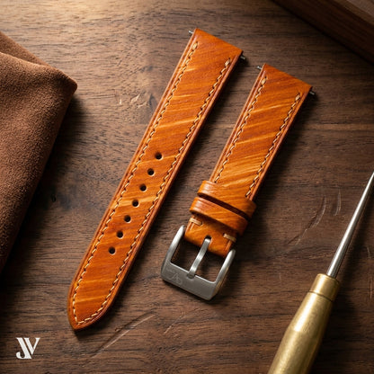 Wood Brown Patina Cowhide Leather Watch Strap Custom Fit — styled scene
