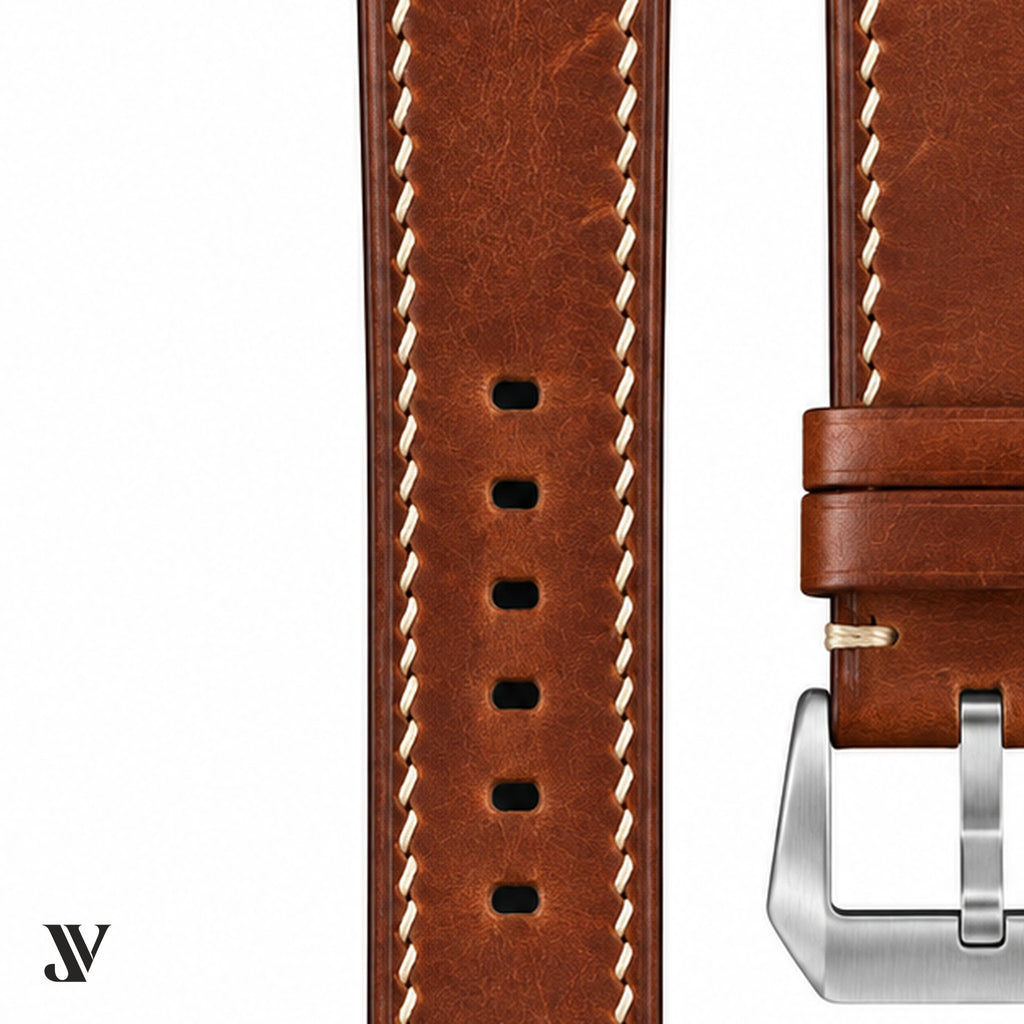 Chestnut Pull-Up Cowhide Leather Watch Strap — stitching detail