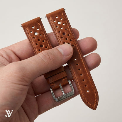 Cognac Pull-Up Cowhide Leather Watch Strap — shown on watch