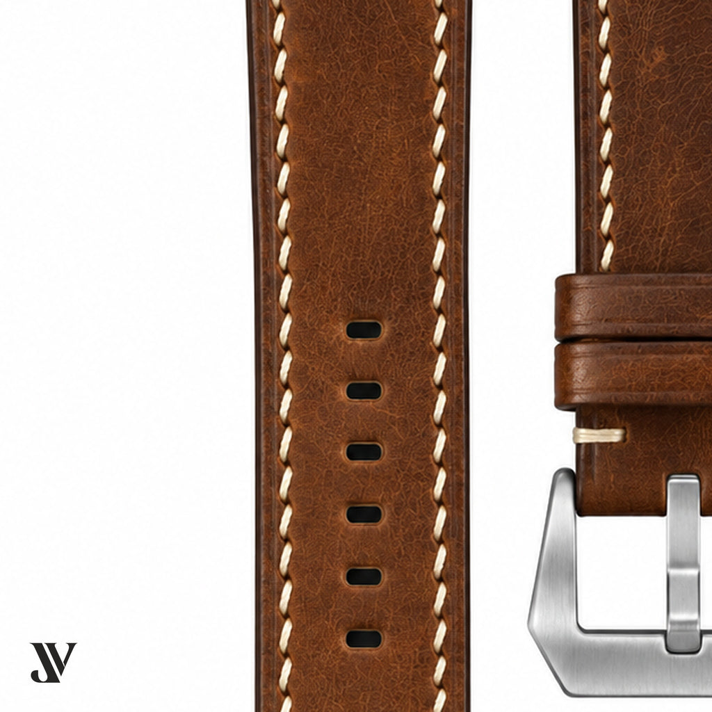Tobacco Brown Pull-Up Cowhide Leather Watch Strap — stitching detail