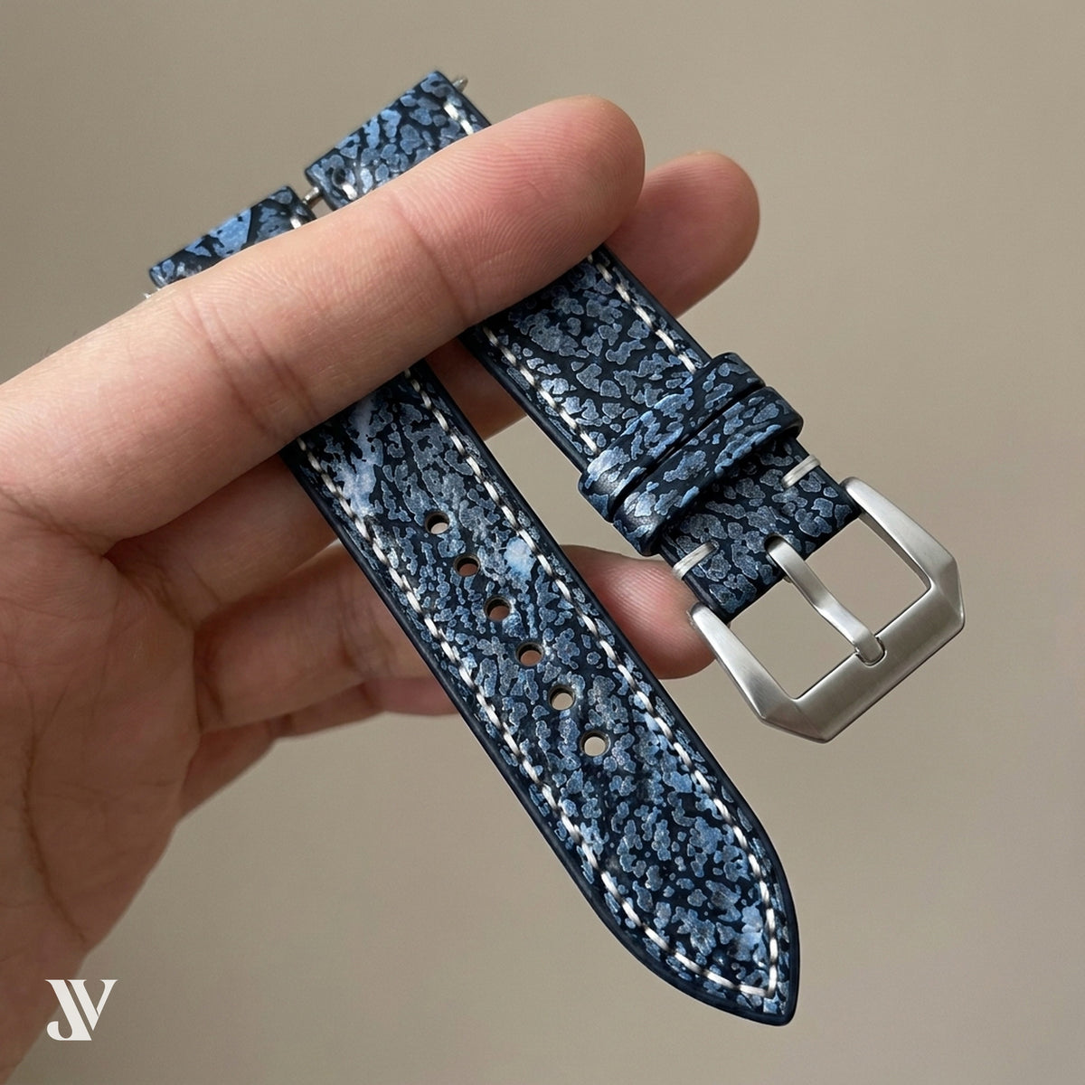 Black Silver Shark Leather Leather Watch Strap — shown on watch