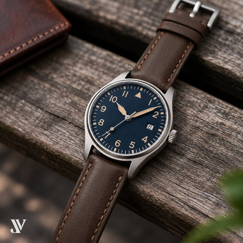 Dark Brown SWIFT Leather Watch Strap — shown on watch