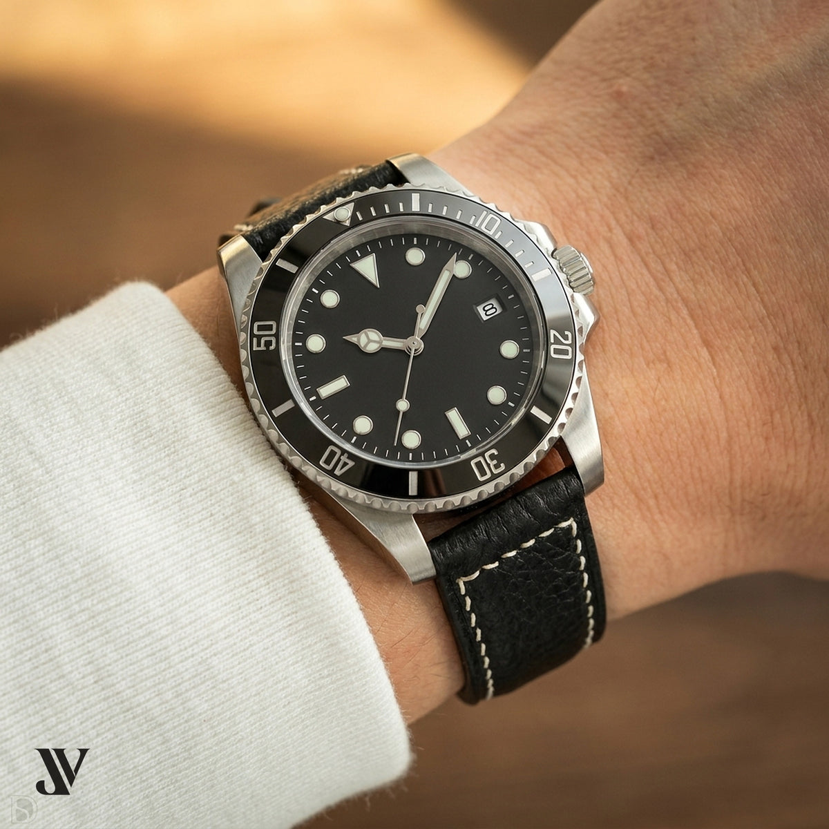 Black Togo Leather Watch Strap — shown on watch