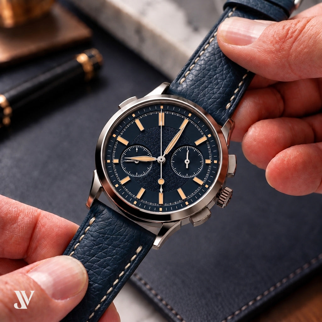 Dark Navy Togo Leather Watch Strap — shown on watch