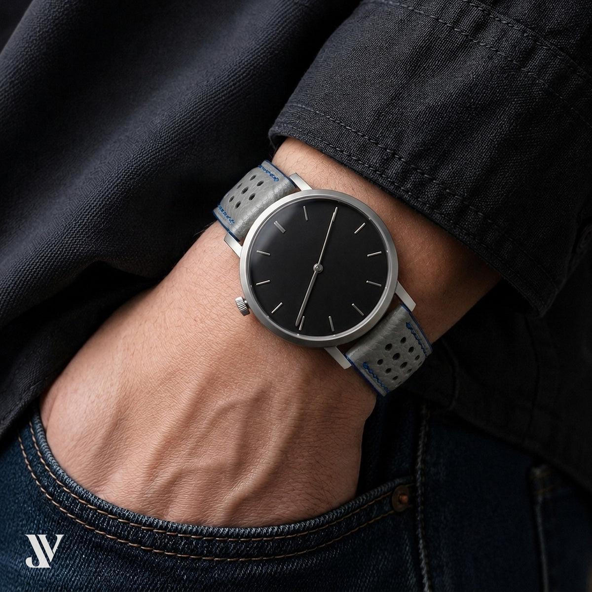 Grey Togo Calfskin Rally Watch Strap — shown on watch