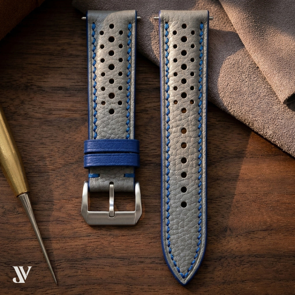 Grey Togo Calfskin Rally Watch Strap — styled scene