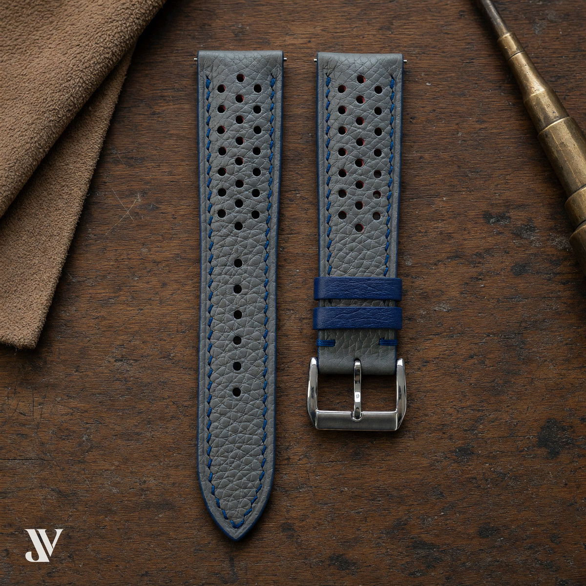 Grey Togo Calfskin Rally Watch Strap with Classic Buckle — styled scene