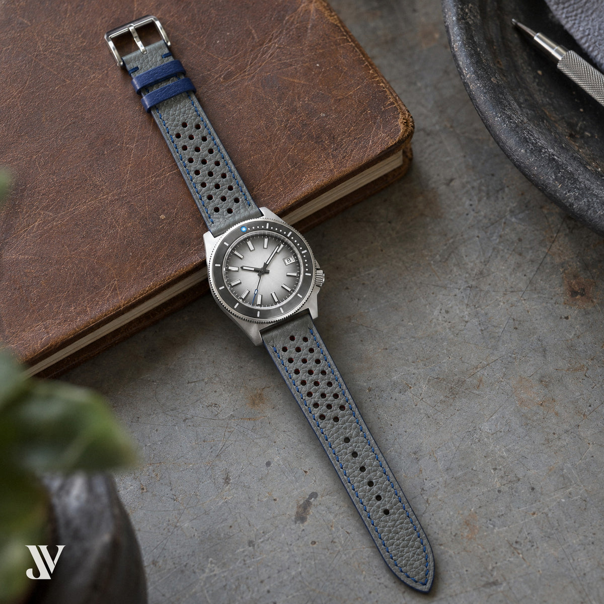 Grey Togo Calfskin Rally Watch Strap with Classic Buckle — shown on watch