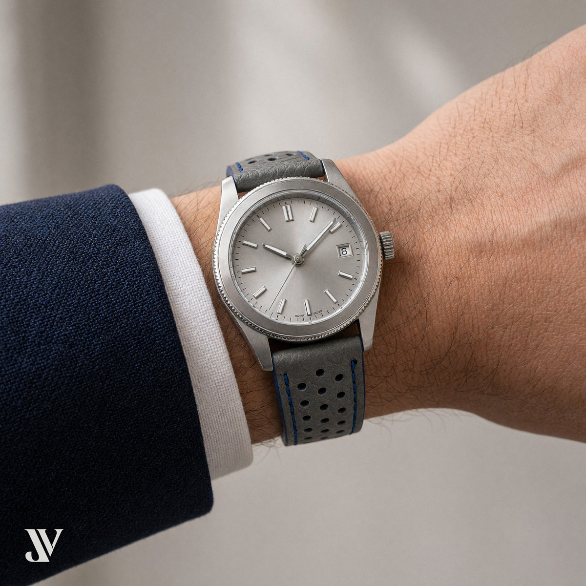 Grey Togo Calfskin Rally Watch Strap with Classic Buckle — shown on watch