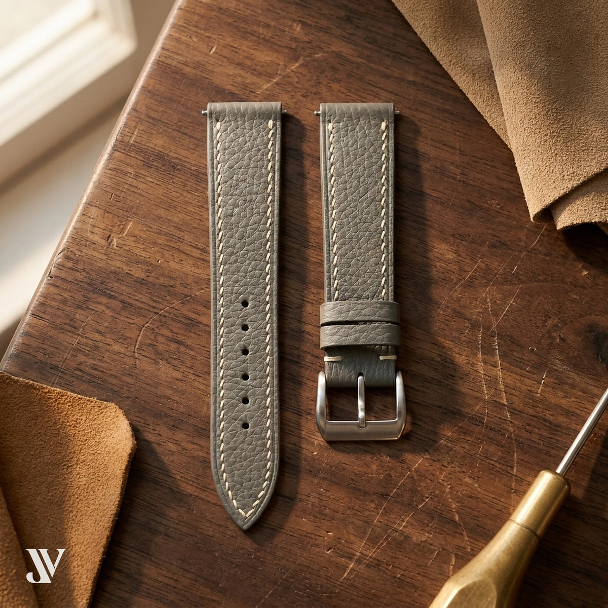 Gray Togo Leather Watch Strap — styled scene
