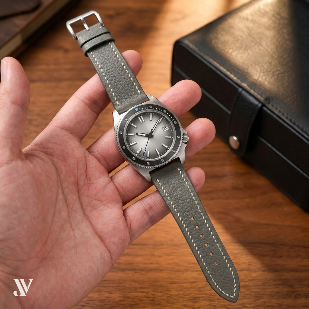 Gray Togo Leather Watch Strap — shown on watch