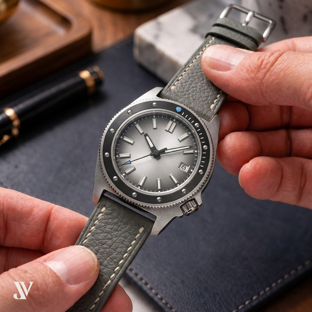 Gray Togo Leather Watch Strap — shown on watch