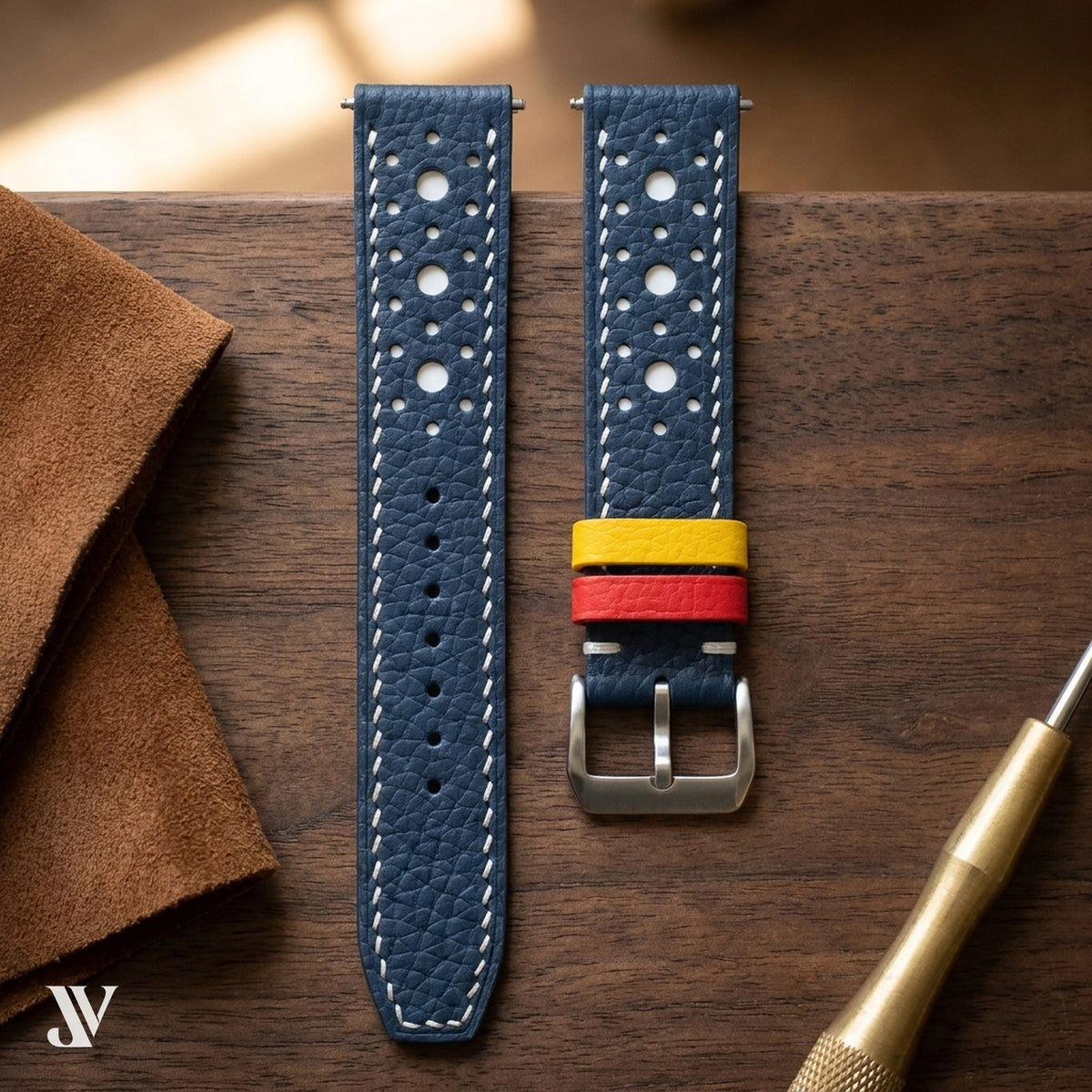 Navy & White Togo Rally Calfskin Watch Strap — styled scene