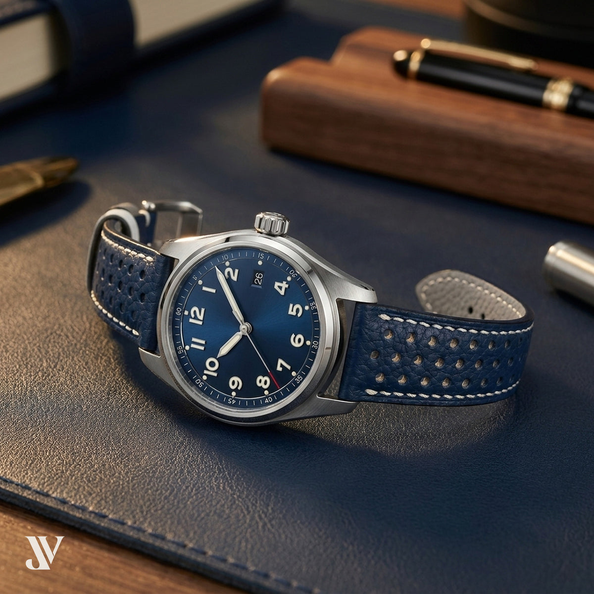 Navy Blue Togo Leather Watch Strap — shown on watch