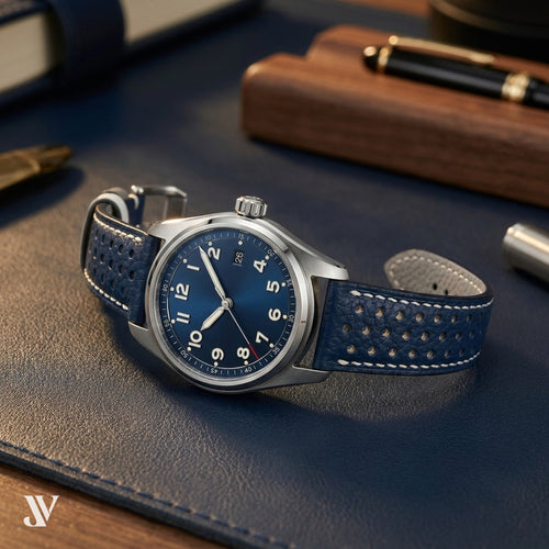Navy Blue Togo Leather Watch Strap — shown on watch