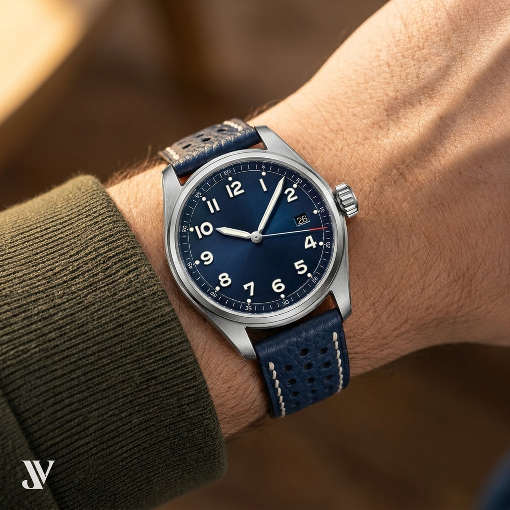 Navy Blue Togo Leather Watch Strap — shown on watch