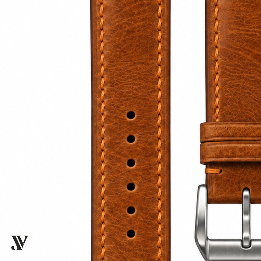 Cognac Waxed Cowhide Leather Watch Strap — stitching detail