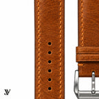 Cognac Waxed Cowhide Leather Watch Strap — stitching detail