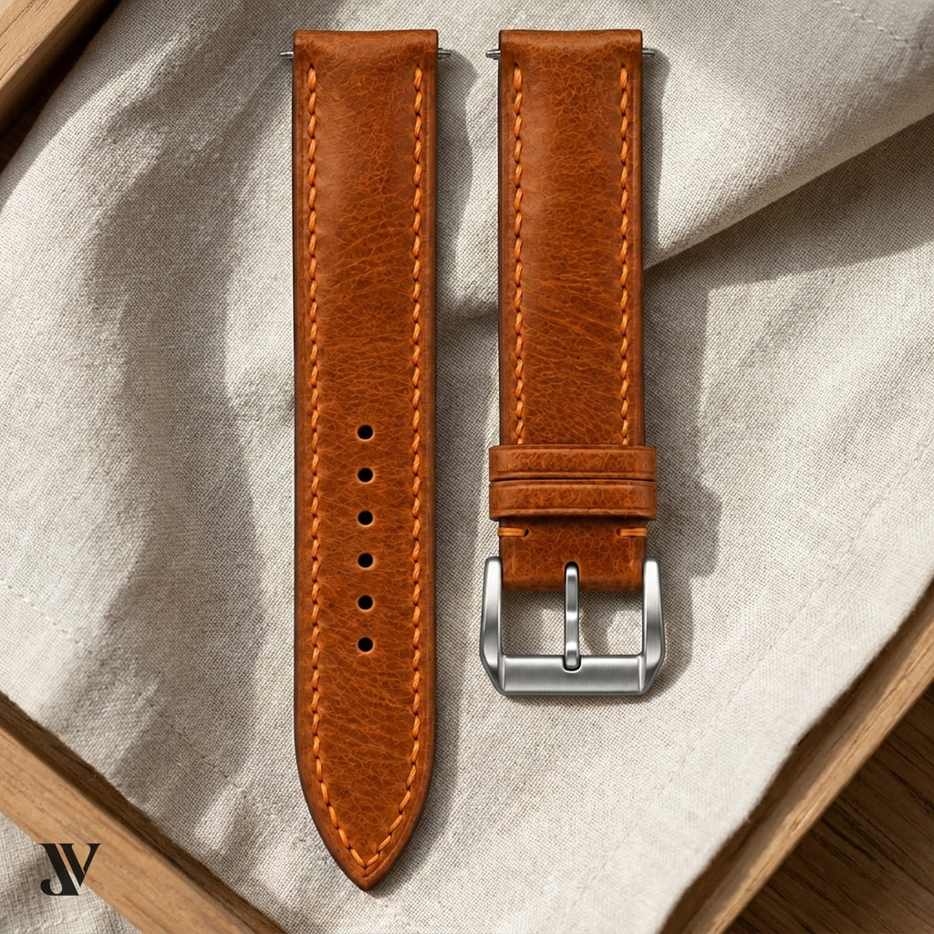 Cognac Waxed Cowhide Leather Watch Strap — styled scene