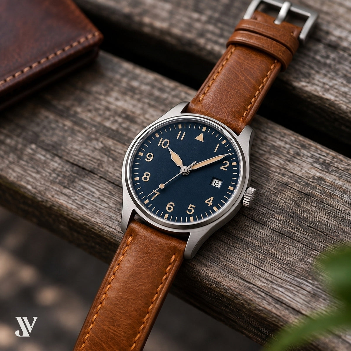 Cognac Waxed Cowhide Leather Watch Strap — shown on watch