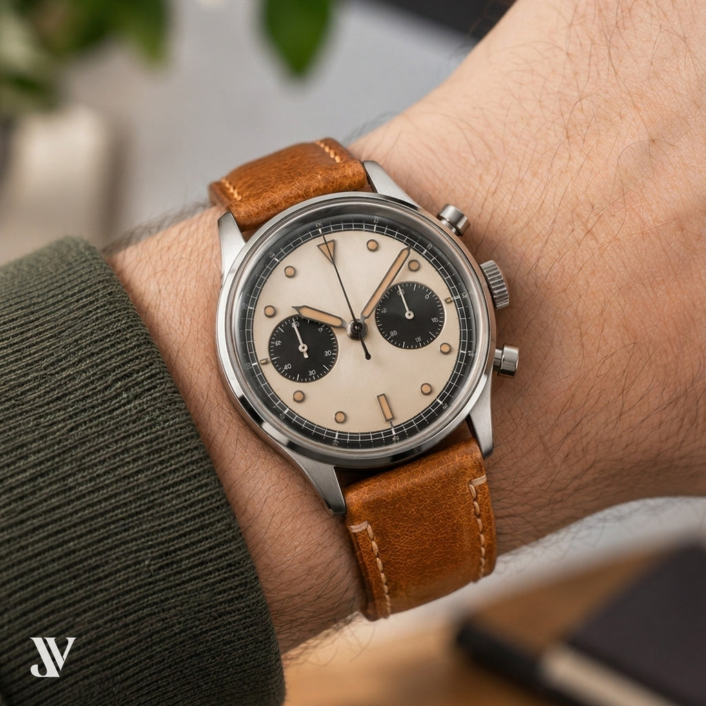 Cognac Waxed Cowhide Leather Watch Strap — shown on watch