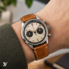 Cognac Waxed Cowhide Leather Watch Strap — shown on watch