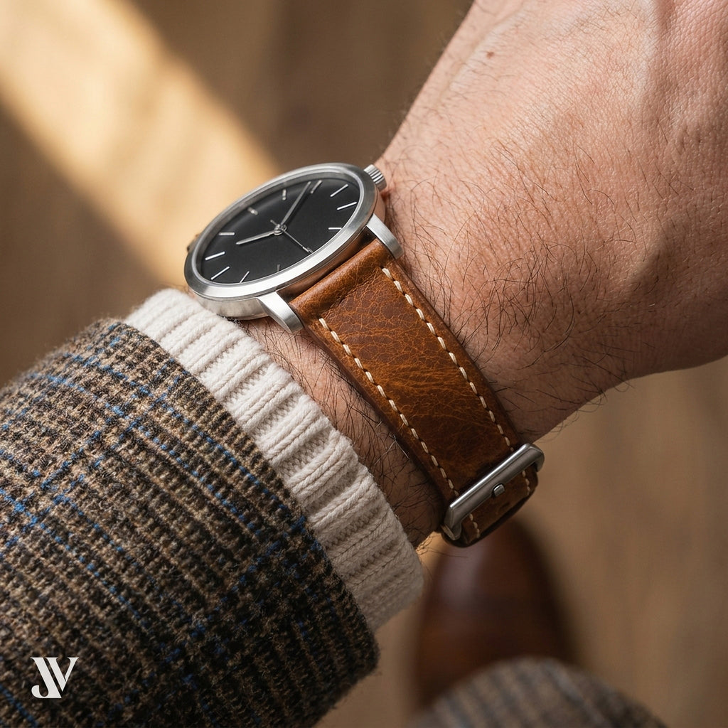 Cognac Waxed Cowhide Leather Watch Strap — shown on watch