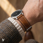 Cognac Waxed Cowhide Leather Watch Strap — shown on watch