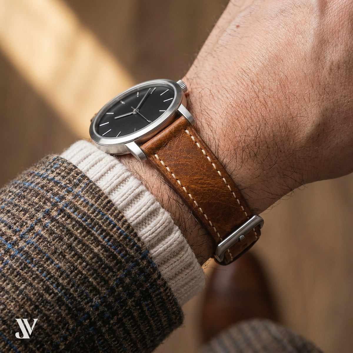 Cognac Waxed Cowhide Leather Watch Strap — shown on watch