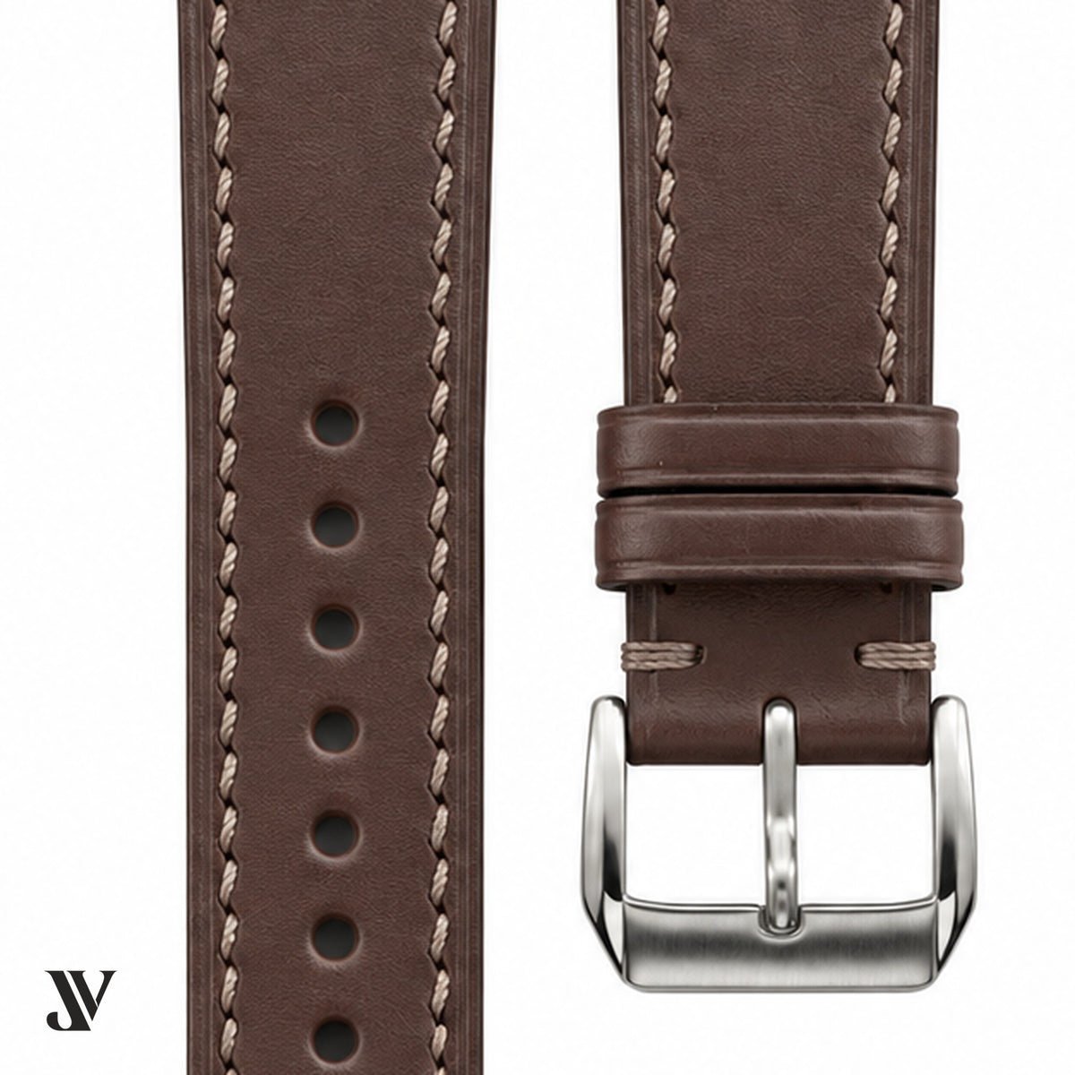 Dark Brown Waxed Cowhide Leather Watch Strap — stitching detail