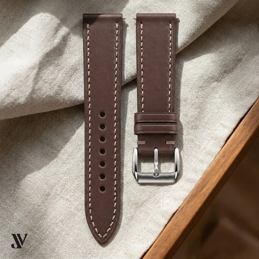 Dark Brown Waxed Cowhide Leather Watch Strap — styled scene